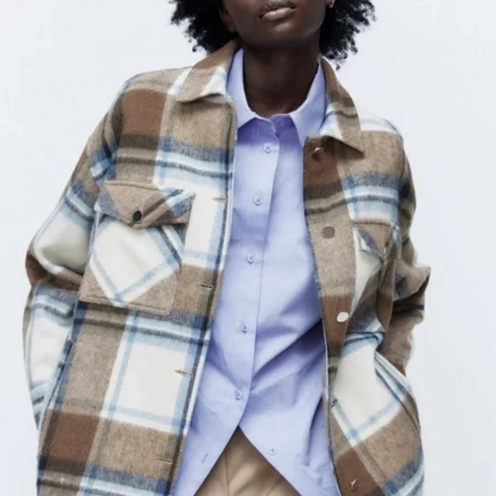 16. Zara Multicolor Plaid Brown Cream Blue Wool Shirt Jacket